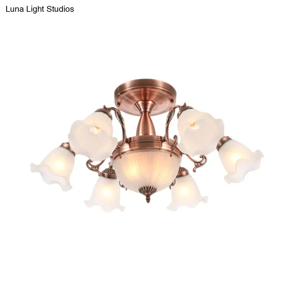 DecorBites™ DecorBites™ Rustic 8-Bulb Semi Mount Ceiling Lamp with Scroll Arm - Bronze/Brass/Copper Finish and Milky Glass