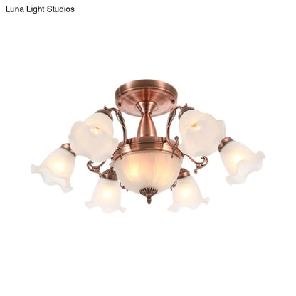 DecorBites™ DecorBites™ Rustic 8-Bulb Semi Mount Ceiling Lamp with Scroll Arm - Bronze/Brass/Copper Finish and Milky Glass