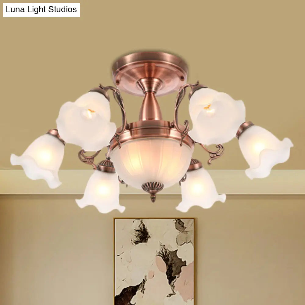 DecorBites™ DecorBites™ Rustic 8-Bulb Semi Mount Ceiling Lamp with Scroll Arm - Bronze/Brass/Copper Finish and Milky Glass