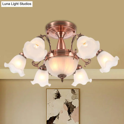 DecorBites™ DecorBites™ Rustic 8-Bulb Semi Mount Ceiling Lamp with Scroll Arm - Bronze/Brass/Copper Finish and Milky Glass