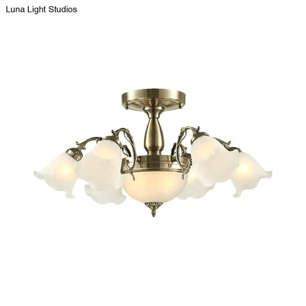 DecorBites™ DecorBites™ Rustic 8-Bulb Semi Mount Ceiling Lamp with Scroll Arm - Bronze/Brass/Copper Finish and Milky Glass