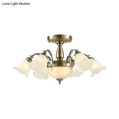 DecorBites™ DecorBites™ Rustic 8-Bulb Semi Mount Ceiling Lamp with Scroll Arm - Bronze/Brass/Copper Finish and Milky Glass