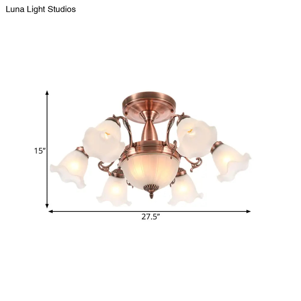 DecorBites™ DecorBites™ Rustic 8-Bulb Semi Mount Ceiling Lamp with Scroll Arm - Bronze/Brass/Copper Finish and Milky Glass