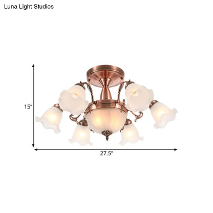 DecorBites™ DecorBites™ Rustic 8-Bulb Semi Mount Ceiling Lamp with Scroll Arm - Bronze/Brass/Copper Finish and Milky Glass