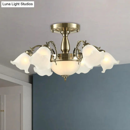 DecorBites™ DecorBites™ Rustic 8-Bulb Semi Mount Ceiling Lamp with Scroll Arm - Bronze/Brass/Copper Finish and Milky Glass