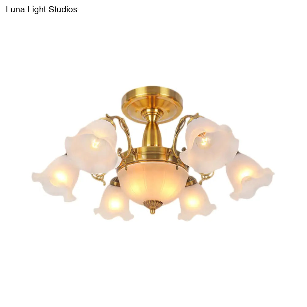 DecorBites™ DecorBites™ Rustic 8-Bulb Semi Mount Ceiling Lamp with Scroll Arm - Bronze/Brass/Copper Finish and Milky Glass