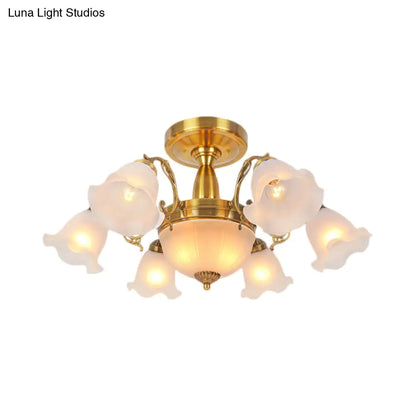 DecorBites™ DecorBites™ Rustic 8-Bulb Semi Mount Ceiling Lamp with Scroll Arm - Bronze/Brass/Copper Finish and Milky Glass