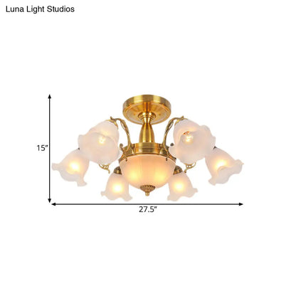 DecorBites™ DecorBites™ Rustic 8-Bulb Semi Mount Ceiling Lamp with Scroll Arm - Bronze/Brass/Copper Finish and Milky Glass