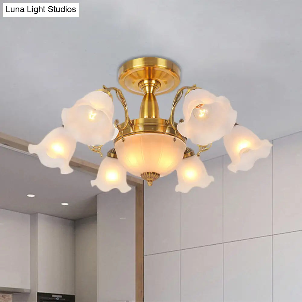 DecorBites™ DecorBites™ Rustic 8-Bulb Semi Mount Ceiling Lamp with Scroll Arm - Bronze/Brass/Copper Finish and Milky Glass