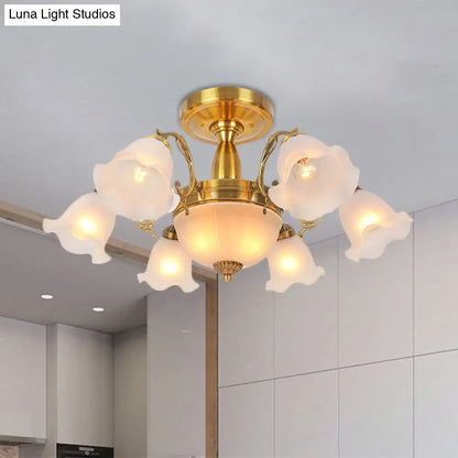 DecorBites™ DecorBites™ Rustic 8-Bulb Semi Mount Ceiling Lamp with Scroll Arm - Bronze/Brass/Copper Finish and Milky Glass