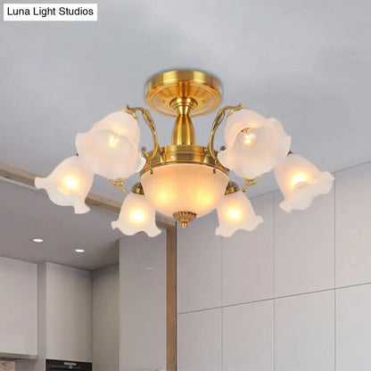 DecorBites™ DecorBites™ Rustic 8-Bulb Semi Mount Ceiling Lamp with Scroll Arm - Bronze/Brass/Copper Finish and Milky Glass