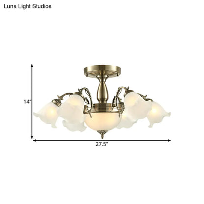 DecorBites™ DecorBites™ Rustic 8-Bulb Semi Mount Ceiling Lamp with Scroll Arm - Bronze/Brass/Copper Finish and Milky Glass
