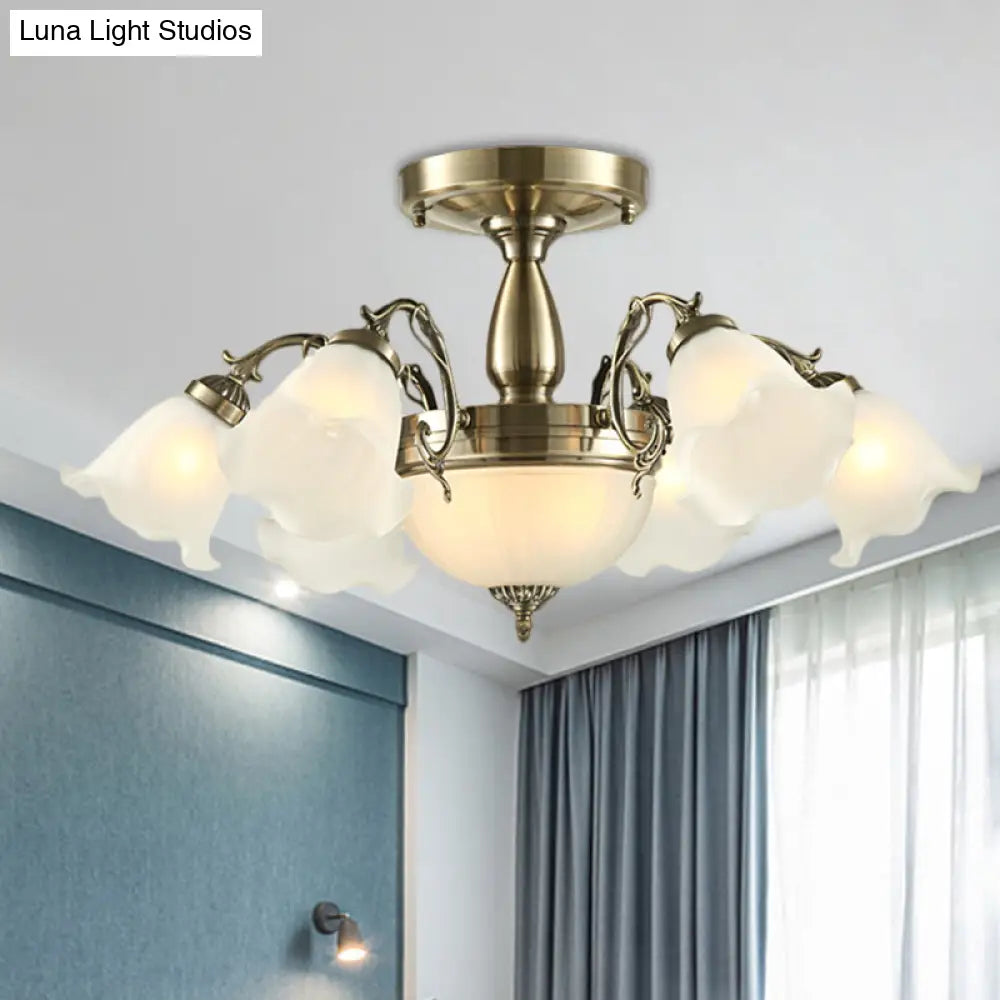 DecorBites™ DecorBites™ Rustic 8-Bulb Semi Mount Ceiling Lamp with Scroll Arm - Bronze/Brass/Copper Finish and Milky Glass