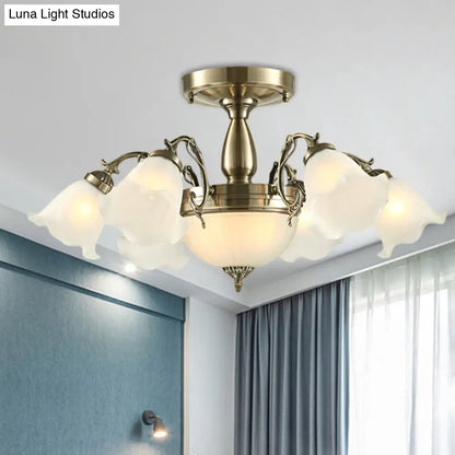 DecorBites™ DecorBites™ Rustic 8-Bulb Semi Mount Ceiling Lamp with Scroll Arm - Bronze/Brass/Copper Finish and Milky Glass