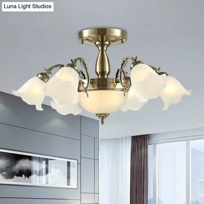 DecorBites™ DecorBites™ Rustic 8-Bulb Semi Mount Ceiling Lamp with Scroll Arm - Bronze/Brass/Copper Finish and Milky Glass