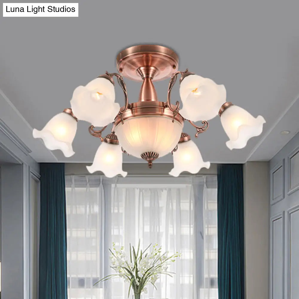 DecorBites™ DecorBites™ Rustic 8-Bulb Semi Mount Ceiling Lamp with Scroll Arm - Bronze/Brass/Copper Finish and Milky Glass