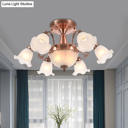 DecorBites™ DecorBites™ Rustic 8-Bulb Semi Mount Ceiling Lamp with Scroll Arm - Bronze/Brass/Copper Finish and Milky Glass