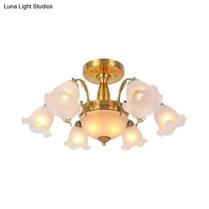 DecorBites™ DecorBites™ Rustic 8-Bulb Semi Mount Ceiling Lamp with Scroll Arm - Bronze/Brass/Copper Finish and Milky Glass