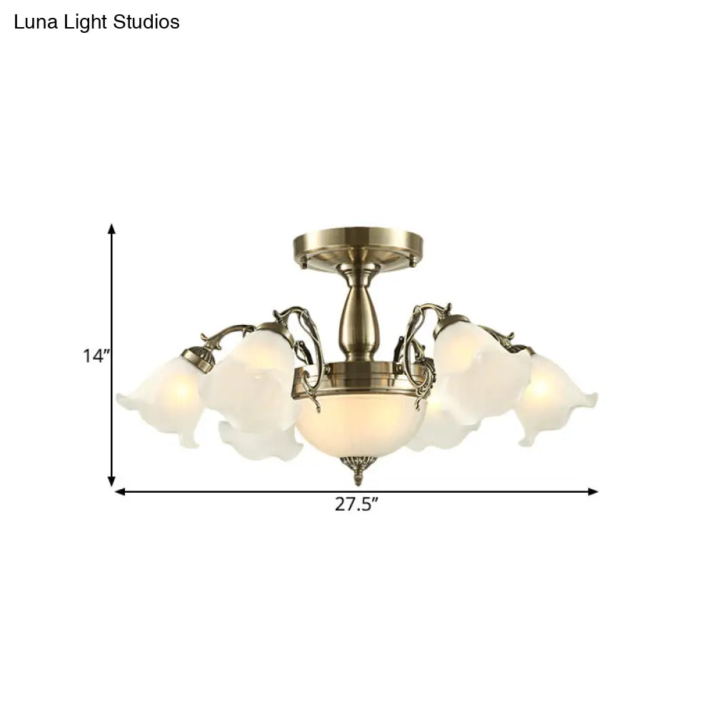 DecorBites™ DecorBites™ Rustic 8-Bulb Semi Mount Ceiling Lamp with Scroll Arm - Bronze/Brass/Copper Finish and Milky Glass