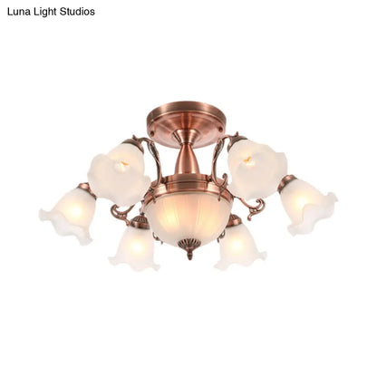 DecorBites™ DecorBites™ Rustic 8-Bulb Semi Mount Ceiling Lamp with Scroll Arm - Bronze/Brass/Copper Finish and Milky Glass