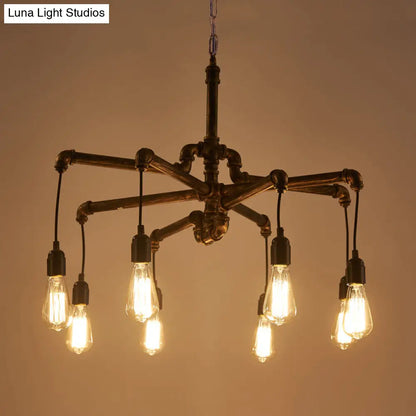 Rustic Aged Silver/Bronze Pipe Chandelier Lamp with Exposed Bulb - 6/8 Heads Indoor Hanging Light