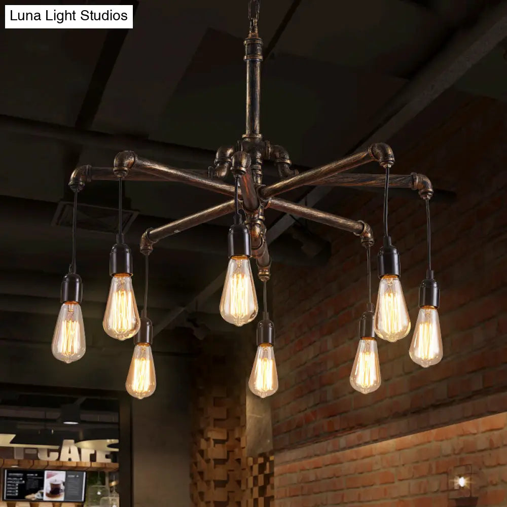 Rustic Aged Silver/Bronze Pipe Chandelier Lamp with Exposed Bulb - 6/8 Heads Indoor Hanging Light