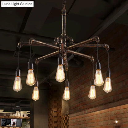 Rustic Aged Silver/Bronze Pipe Chandelier Lamp with Exposed Bulb - 6/8 Heads Indoor Hanging Light