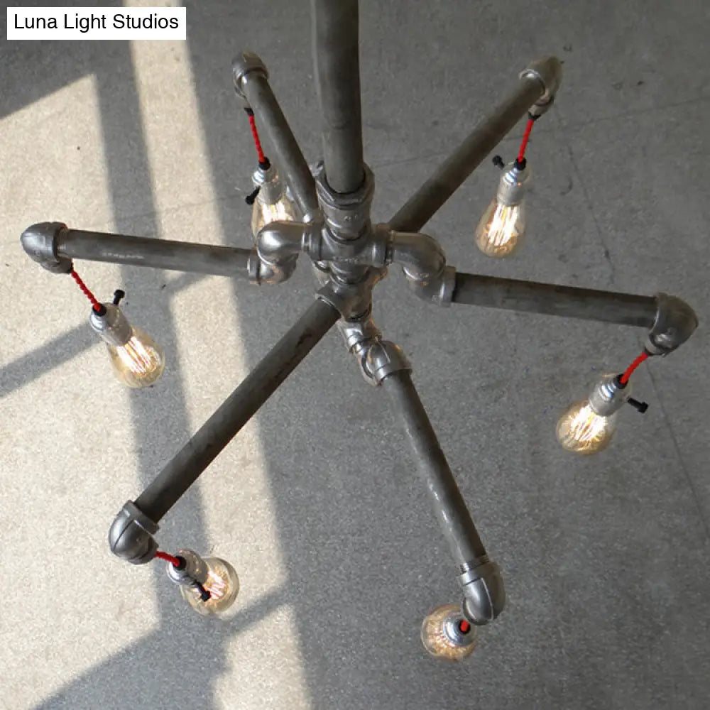 Rustic Aged Silver/Bronze Pipe Chandelier Lamp with Exposed Bulb - 6/8 Heads Indoor Hanging Light