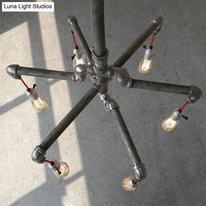 Rustic Aged Silver/Bronze Pipe Chandelier Lamp with Exposed Bulb - 6/8 Heads Indoor Hanging Light