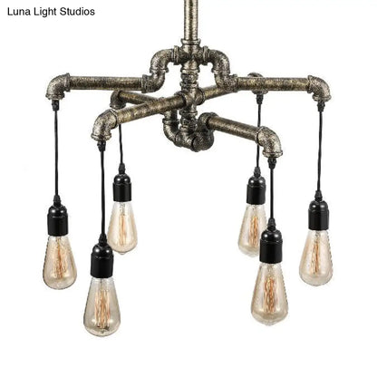 Rustic Aged Silver/Bronze Pipe Chandelier Lamp with Exposed Bulb - 6/8 Heads Indoor Hanging Light