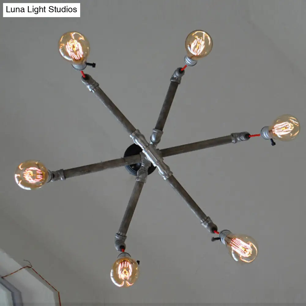 Rustic Aged Silver/Bronze Pipe Chandelier Lamp with Exposed Bulb - 6/8 Heads Indoor Hanging Light