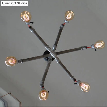 Rustic Aged Silver/Bronze Pipe Chandelier Lamp with Exposed Bulb - 6/8 Heads Indoor Hanging Light