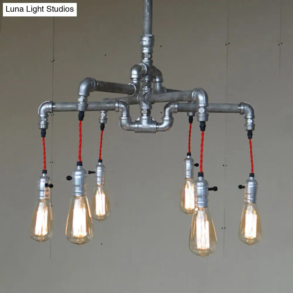 Rustic Aged Silver/Bronze Pipe Chandelier Lamp with Exposed Bulb - 6/8 Heads Indoor Hanging Light