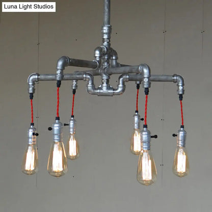 Rustic Aged Silver/Bronze Pipe Chandelier Lamp with Exposed Bulb - 6/8 Heads Indoor Hanging Light