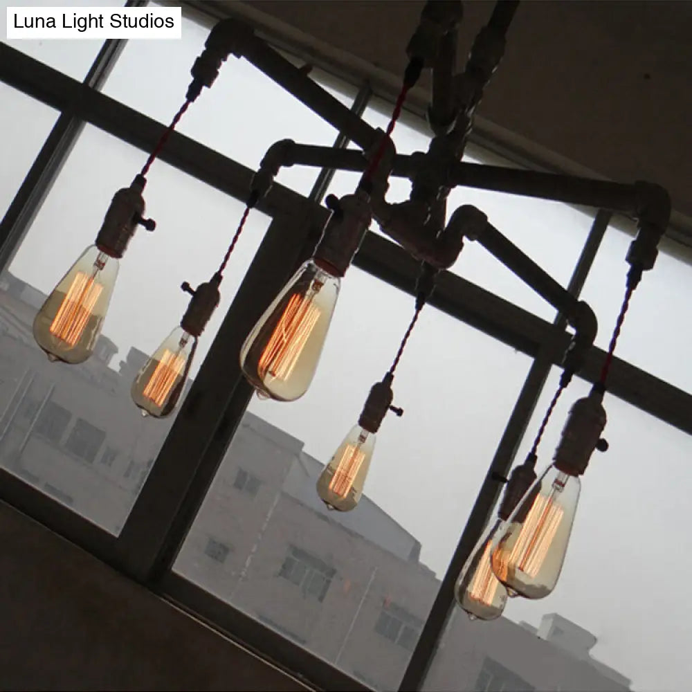 Rustic Aged Silver/Bronze Pipe Chandelier Lamp with Exposed Bulb - 6/8 Heads Indoor Hanging Light
