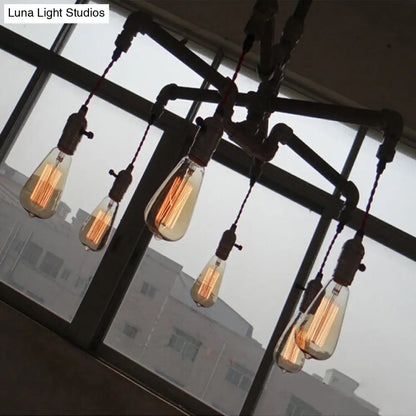 Rustic Aged Silver/Bronze Pipe Chandelier Lamp with Exposed Bulb - 6/8 Heads Indoor Hanging Light