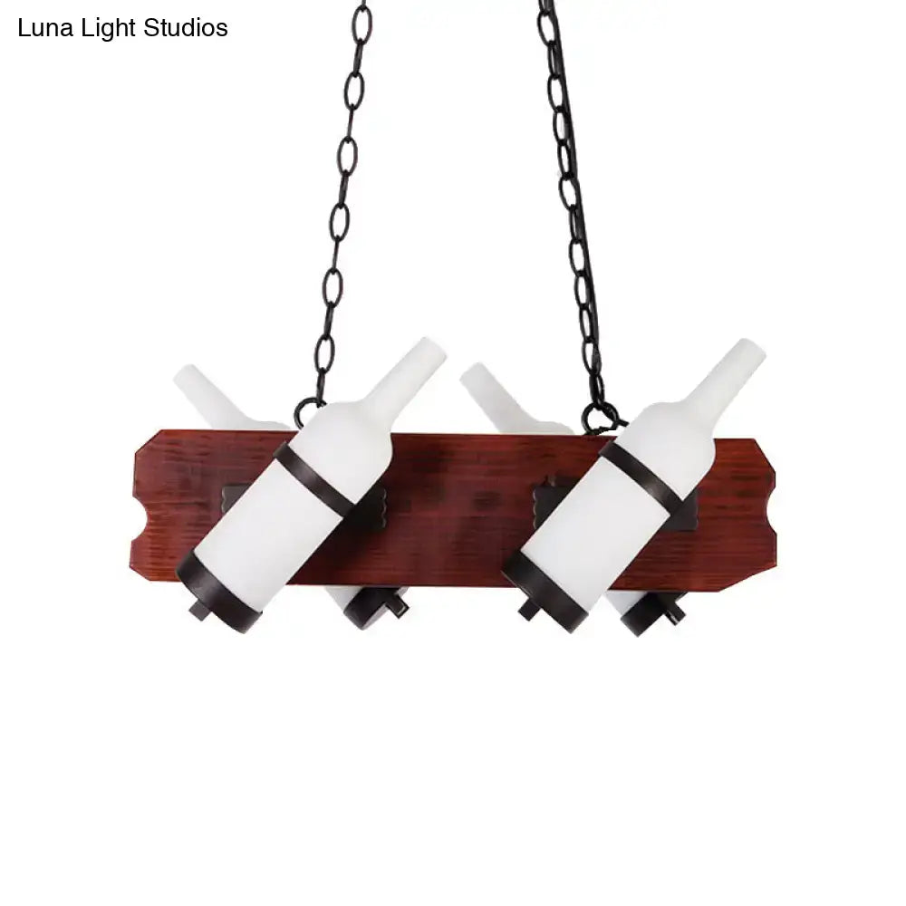 Decorbites 4 6-head island lamp with frosted white glass pendant lights and brown wood arm with black metal accents