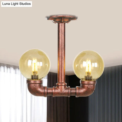 DecorBites™ DecorBites™ Rustic Amber Glass Semi Flush Light Fixture for Restaurants: Orb Design, 2 Copper Lights