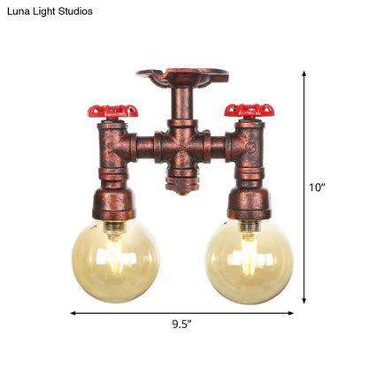 DecorBites™ DecorBites™ Rustic Amber Glass Semi Flush Light Fixture for Restaurants: Orb Design, 2 Copper Lights