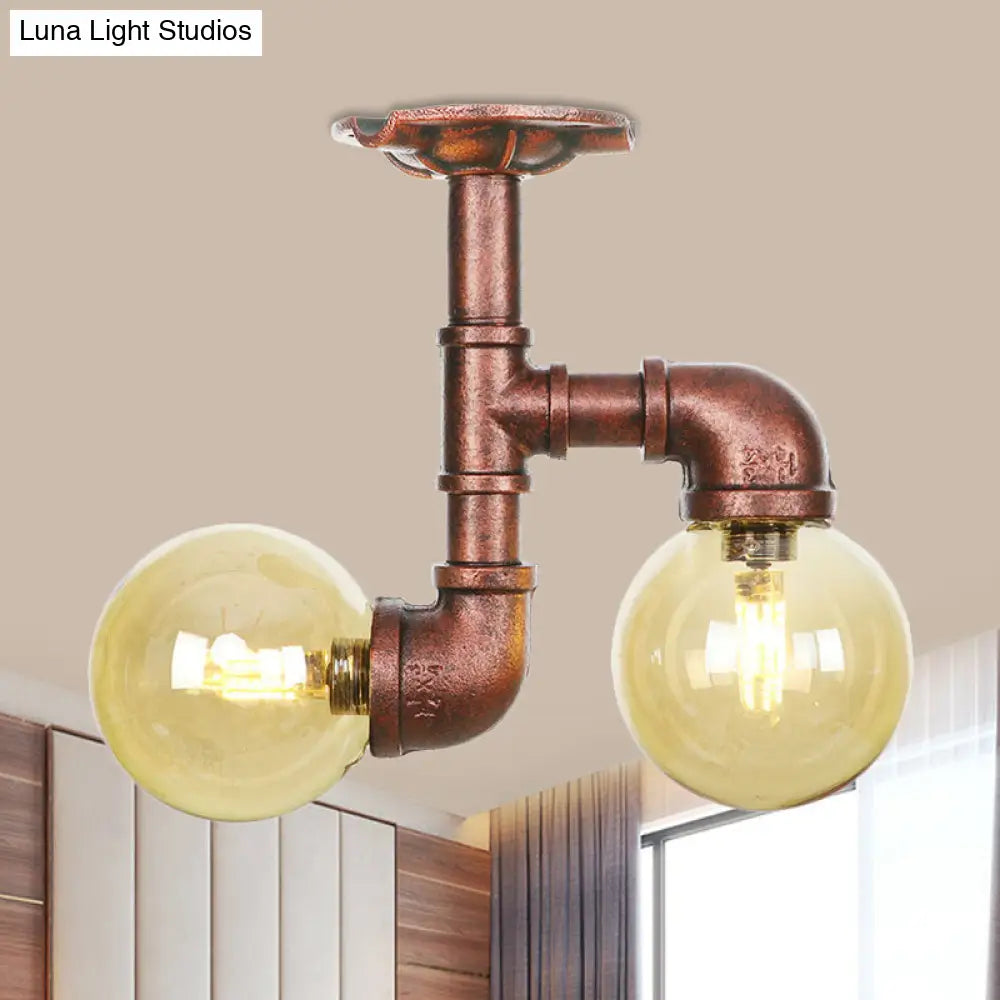 DecorBites™ DecorBites™ Rustic Amber Glass Semi Flush Light Fixture for Restaurants: Orb Design, 2 Copper Lights
