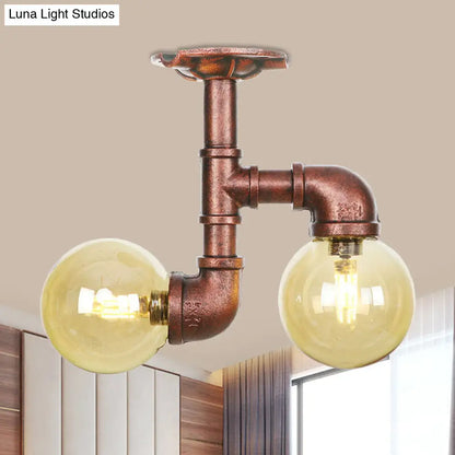 DecorBites™ DecorBites™ Rustic Amber Glass Semi Flush Light Fixture for Restaurants: Orb Design, 2 Copper Lights