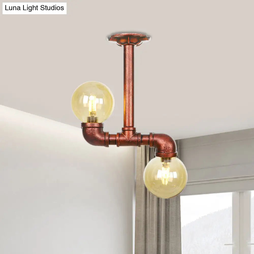 DecorBites™ DecorBites™ Rustic Amber Glass Semi Flush Light Fixture for Restaurants: Orb Design, 2 Copper Lights