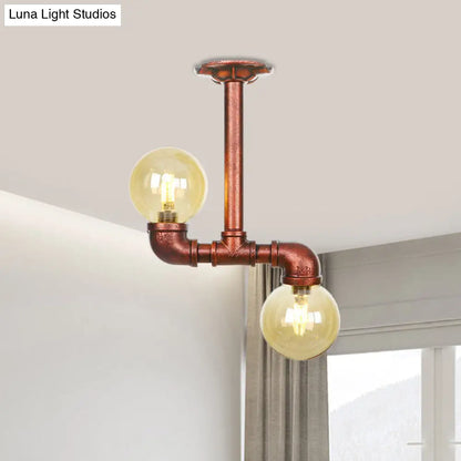 DecorBites™ DecorBites™ Rustic Amber Glass Semi Flush Light Fixture for Restaurants: Orb Design, 2 Copper Lights