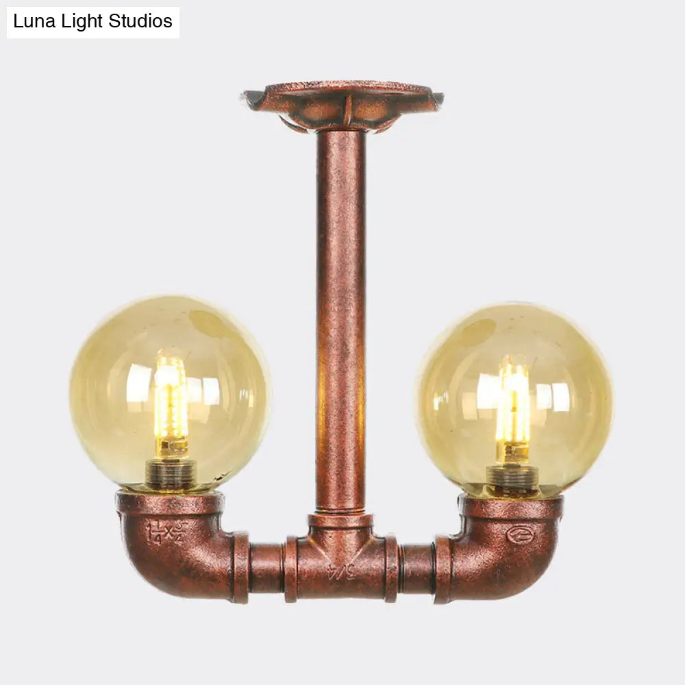 DecorBites™ DecorBites™ Rustic Amber Glass Semi Flush Light Fixture for Restaurants: Orb Design, 2 Copper Lights