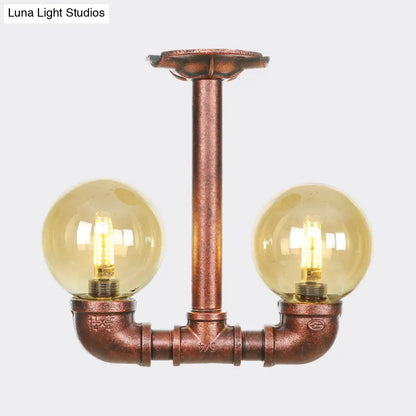 DecorBites™ DecorBites™ Rustic Amber Glass Semi Flush Light Fixture for Restaurants: Orb Design, 2 Copper Lights