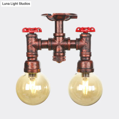 DecorBites™ DecorBites™ Rustic Amber Glass Semi Flush Light Fixture for Restaurants: Orb Design, 2 Copper Lights