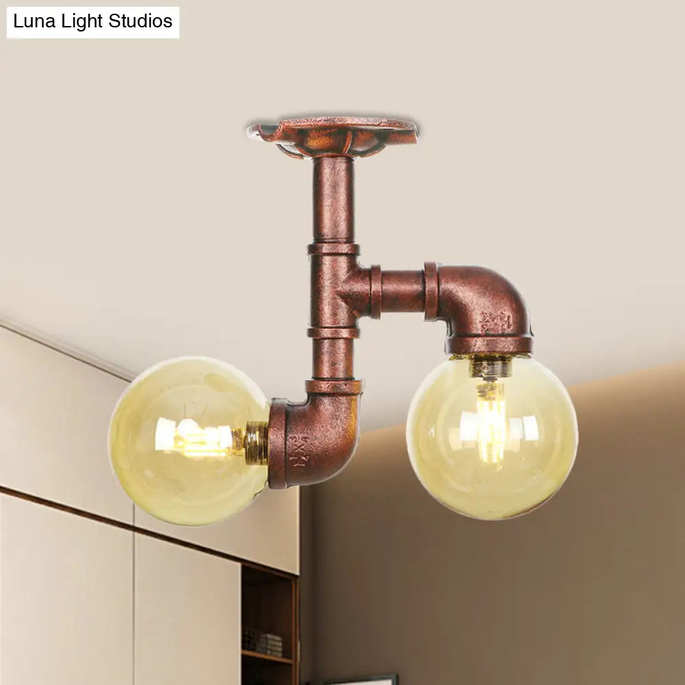DecorBites™ DecorBites™ Rustic Amber Glass Semi Flush Light Fixture for Restaurants: Orb Design, 2 Copper Lights
