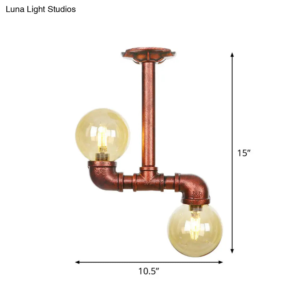 DecorBites™ DecorBites™ Rustic Amber Glass Semi Flush Light Fixture for Restaurants: Orb Design, 2 Copper Lights