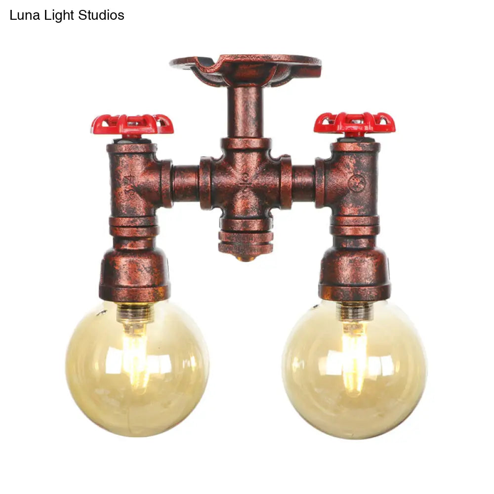 DecorBites™ DecorBites™ Rustic Amber Glass Semi Flush Light Fixture for Restaurants: Orb Design, 2 Copper Lights