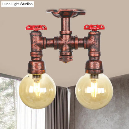 DecorBites™ DecorBites™ Rustic Amber Glass Semi Flush Light Fixture for Restaurants: Orb Design, 2 Copper Lights